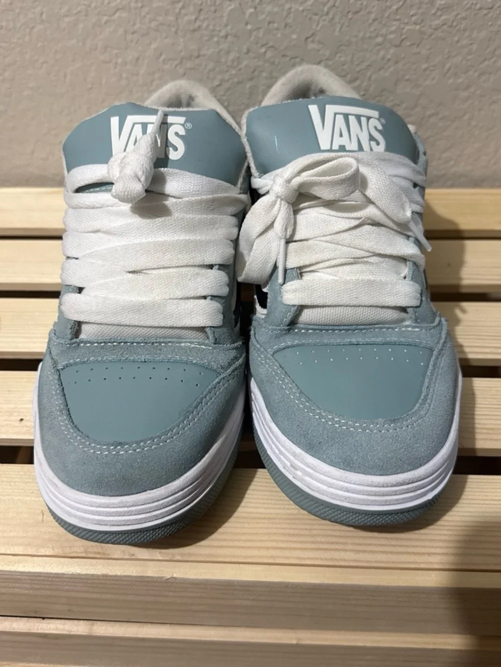 Vans Low-Top Skate Shoes in Light Blue and White with Black Accent